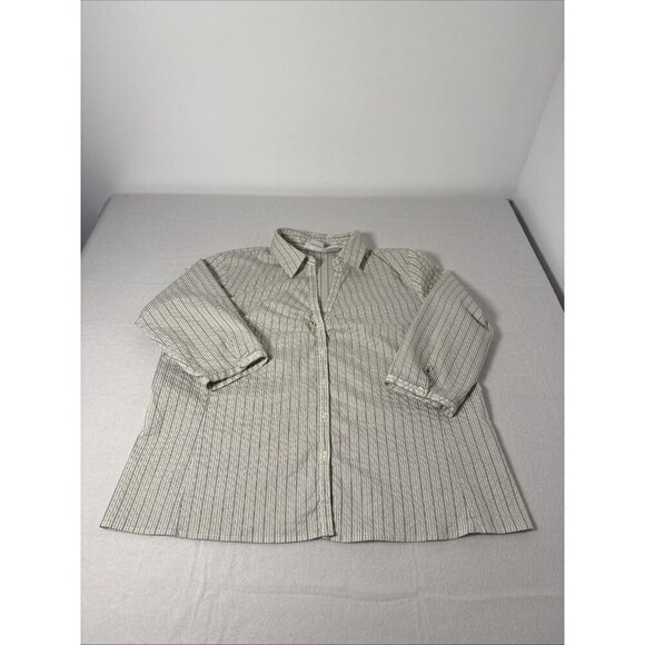 WORTHINGTON WOMEN'S TOP BLUE WHITE SIZE 1X STRETCH BUTTON UP BLOUSE 3/4 SLEEVE - Picture 1 of 11